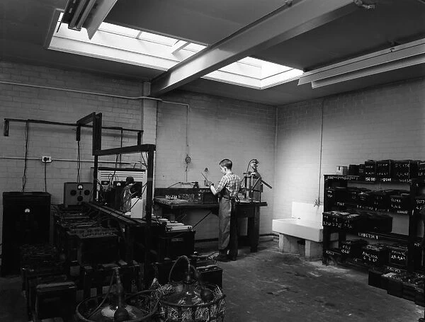 Scene in the workshops of Globe & Simpson auto electricians, Lincoln, Lincolnshire, 1961