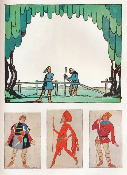 Framed Print : Scenery for As You Like It (Act I, Scene I) and Costumes of Amiens and Lebeau, 1919. Artist: Claud Lovat Fraser Framed Print : Scenery for As You Like It (Act I, Scene I) and Costumes of Amiens and Lebeau, 1919. Artist: Claud Lovat Fraser