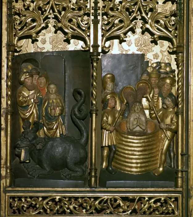 Framed Print : Scenes from a carved wooden altarpiece, 16th century Framed Print : Scenes from a carved wooden altarpiece, 16th century