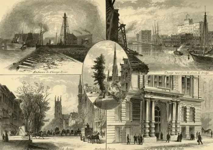 Framed Print : Scenes in Chicago, 1874. Creator: James H. Richardson Framed Print : Scenes in Chicago, 1874. Creator: James H. Richardson