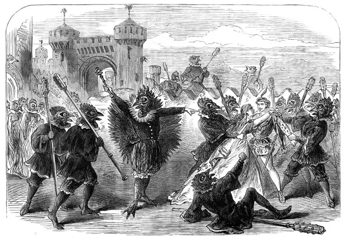Framed Print : Scenes from the Christmas pantomimes:'Cock-a-Doodle-Doo - escape of Finfin and Rosytint... 1865 Creator: Unknown Framed Print : Scenes from the Christmas pantomimes:'Cock-a-Doodle-Doo - escape of Finfin and Rosytint... 1865 Creator: Unknown