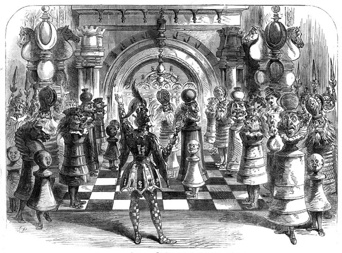Framed Print : Scenes from the Christmas pantomimes:'King Chess - giving check to the Queen, 1865. Creator: Unknown Framed Print : Scenes from the Christmas pantomimes:'King Chess - giving check to the Queen, 1865. Creator: Unknown