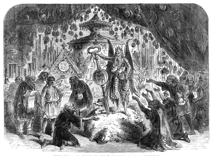 Framed Print : Scenes from the Christmas pantomimes:'Little King Pippin - the Temple of Mammon, 1865. Creator: Unknown Framed Print : Scenes from the Christmas pantomimes:'Little King Pippin - the Temple of Mammon, 1865. Creator: Unknown