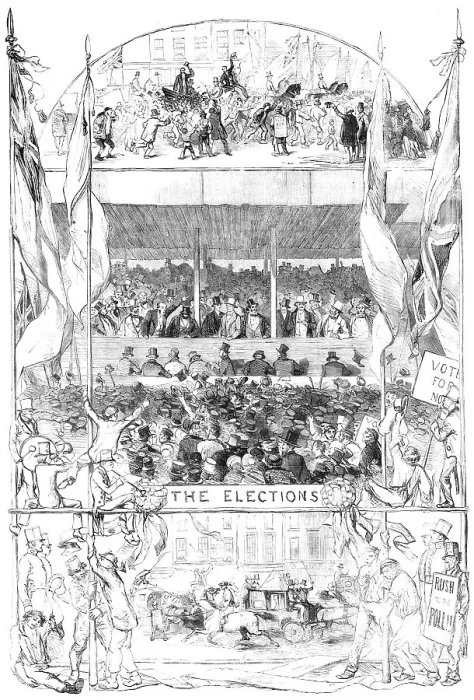 Framed Print : Scenes from the Elections - drawn by George Thomas, 1857. Creator: Unknown Framed Print : Scenes from the Elections - drawn by George Thomas, 1857. Creator: Unknown