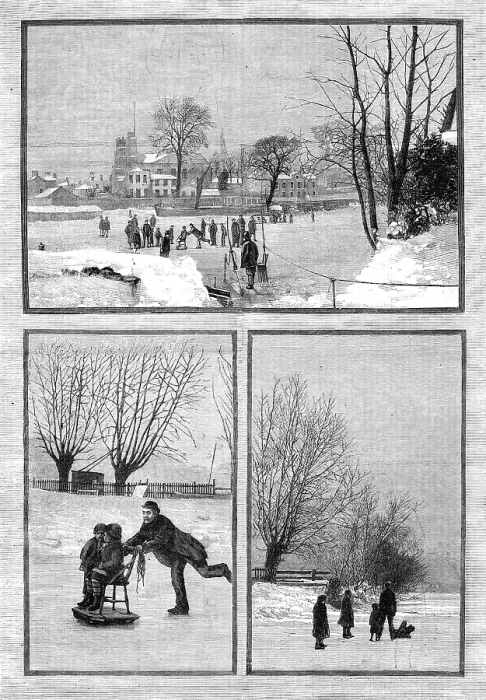 Framed Print : Scenes on the frozen Thames: an extemporised sledge; at Twickenham; near Teddington, 1881. Creator: Unknown Framed Print : Scenes on the frozen Thames: an extemporised sledge; at Twickenham; near Teddington, 1881. Creator: Unknown