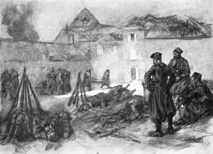 Framed Print : Scenes de Guerre; La nuit tombe, le 9 septembre, sur le chateau de Mondement, 1914. Creator: Lucien Jonas Framed Print : Scenes de Guerre; La nuit tombe, le 9 septembre, sur le chateau de Mondement, 1914. Creator: Lucien Jonas