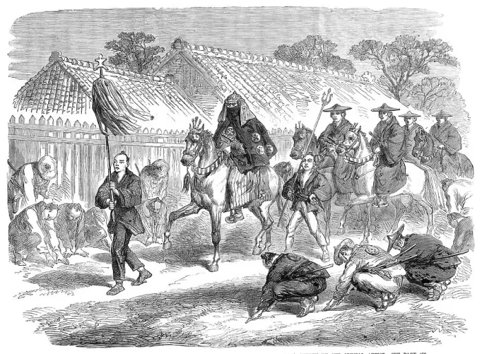 Framed Print : Scenes in Japan: the Governor of Kanagawa and suite going to a fire - by our special artist, 1864. Creator: Unknown