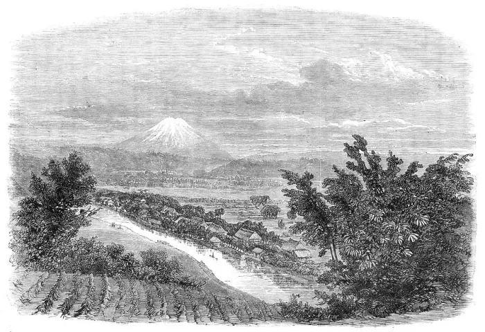 Framed Print : Scenes in Japan: the mountain Fusiyama, viewed from near Yokohama, 1864. Creator: Mason Jackson