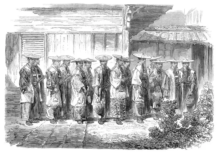Framed Print : Scenes in Japan: the night guard at Jeddo, 1864. Creator: Mason Jackson Framed Print : Scenes in Japan: the night guard at Jeddo, 1864. Creator: Mason Jackson