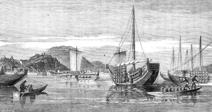 Framed Print : Scenes in Japan: the town and harbour of Simonosaki, 1864. Creators: Unknown, Mason Jackson Framed Print : Scenes in Japan: the town and harbour of Simonosaki, 1864. Creators: Unknown, Mason Jackson