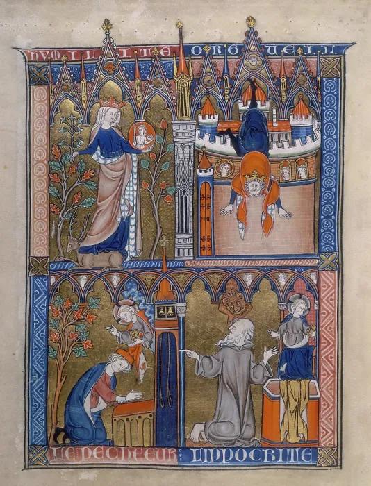 Framed Print : Four scenes from 'La Somme le Roy', c1290-c1299. Creator: Unknown Framed Print : Four scenes from 'La Somme le Roy', c1290-c1299. Creator: Unknown