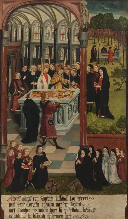 Framed Print : Scenes from the Legend of Saint Cordula: The burial of Saint Cordula by Albertus Magnus, c1490-1499. Creator: Master of Cologne (active ca 1500) Framed Print : Scenes from the Legend of Saint Cordula: The burial of Saint Cordula by Albertus Magnus, c1490-1499. Creator: Master of Cologne (active ca 1500)