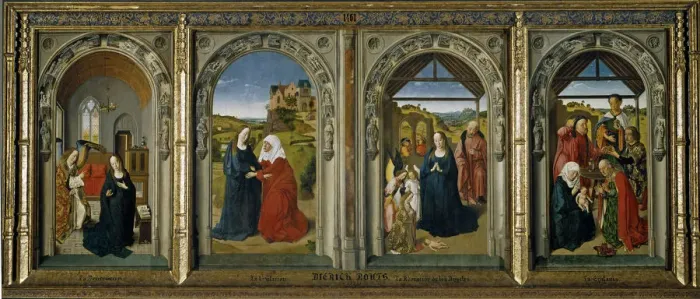 Framed Print : Four scenes from the life of the Virgin, ca 1442-1445. Artist: Bouts, Dirk (1410 / 20-1475) Framed Print : Four scenes from the life of the Virgin, ca 1442-1445. Artist: Bouts, Dirk (1410 / 20-1475)