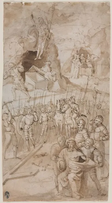 Framed Print : Three Scenes from the Passion of Christ (recto) Architectural Sketch (verso), 1500s Framed Print : Three Scenes from the Passion of Christ (recto) Architectural Sketch (verso), 1500s