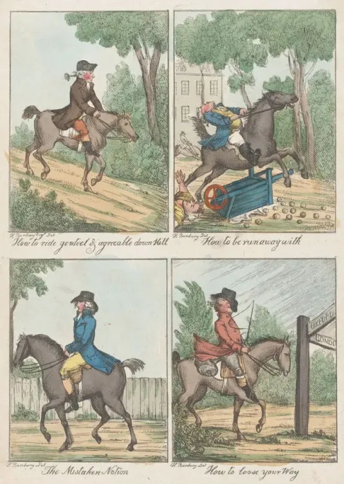 Framed Print : Four Scenes: How to Ride Genteel & Agreeable Down Hill;How to be Run Away With Framed Print : Four Scenes: How to Ride Genteel & Agreeable Down Hill;How to be Run Away With