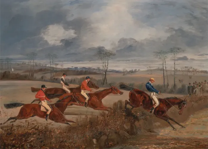 Framed Print : Scenes from a steeplechase: Taking a Hedge, ca. 1845. Creator: Henry Thomas Alken Framed Print : Scenes from a steeplechase: Taking a Hedge, ca. 1845. Creator: Henry Thomas Alken