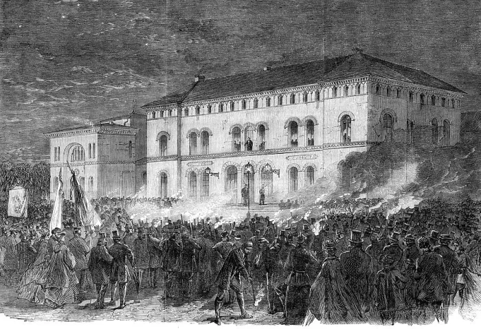 Framed Print : The Schleswig-Holstein Difficulty: torchlight welcome to Prince Frederick...Railway Hotel, 1864. Creator: Unknown Framed Print : The Schleswig-Holstein Difficulty: torchlight welcome to Prince Frederick...Railway Hotel, 1864. Creator: Unknown