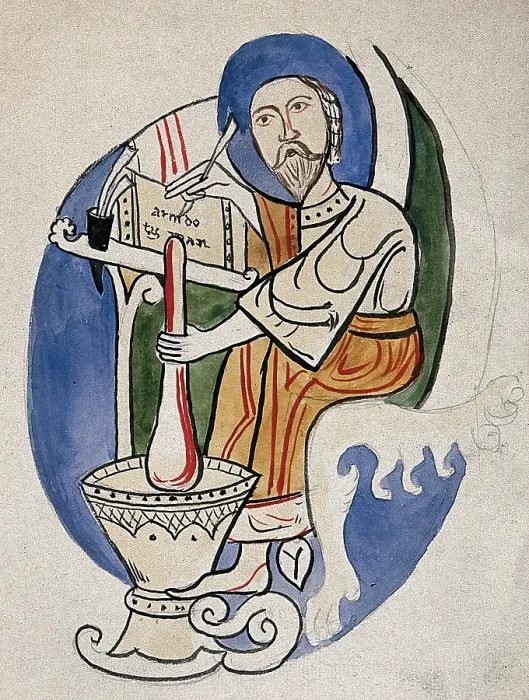 Framed Print : A scholar / apothecary mixing a concoction with a pestle and mortar and writing down the remedy... Creator: Unknown Framed Print : A scholar / apothecary mixing a concoction with a pestle and mortar and writing down the remedy... Creator: Unknown