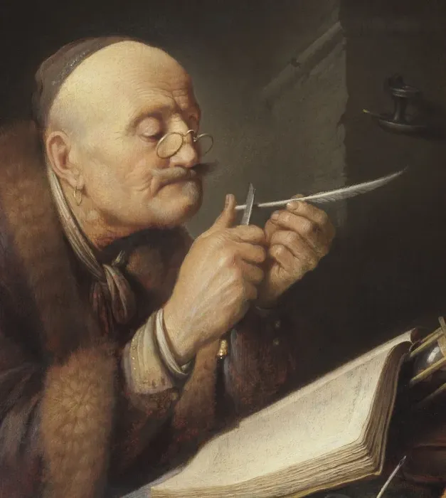 Framed Print : Scholar sharpening a quill pen. Artist: Dou, Gerard (Gerrit) (1613-1675) Framed Print : Scholar sharpening a quill pen. Artist: Dou, Gerard (Gerrit) (1613-1675)