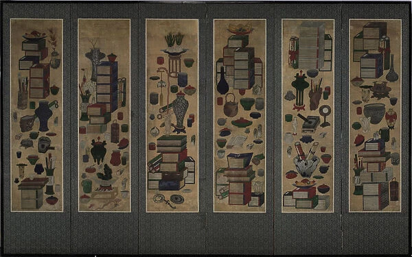 Scholars books and utensils (Ch aekkori). Six-section folding screen, Mid of the 19th cen Artist: Anonymous