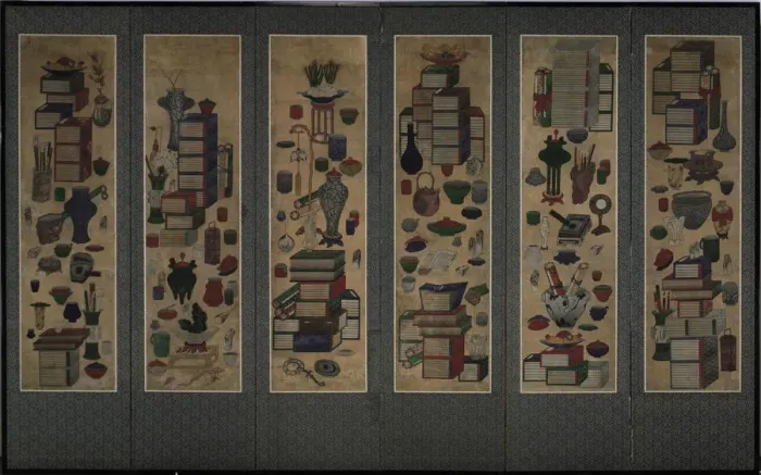 Framed Print : Scholars books and utensils (Ch aekkori). Six-section folding screen, Mid of the 19th cen Artist: Anonymous Framed Print : Scholars books and utensils (Ch aekkori). Six-section folding screen, Mid of the 19th cen Artist: Anonymous