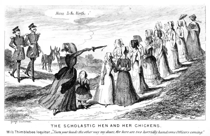 Framed Print : The Scholastic Hen and Her Chickens, 19th century. Artist: George Cruikshank Framed Print : The Scholastic Hen and Her Chickens, 19th century. Artist: George Cruikshank