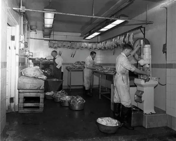 Framed Print : Schonhuts Butchers, Rotherham, South Yorkshire, 1955. Artist: Michael Walters Framed Print : Schonhuts Butchers, Rotherham, South Yorkshire, 1955. Artist: Michael Walters