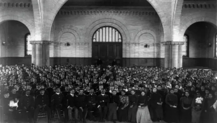 Framed Print : School assembly in Hampton Institute, Hampton, Va. between 1899 and 1900. Creator: Frances Benjamin Johnston Framed Print : School assembly in Hampton Institute, Hampton, Va. between 1899 and 1900. Creator: Frances Benjamin Johnston