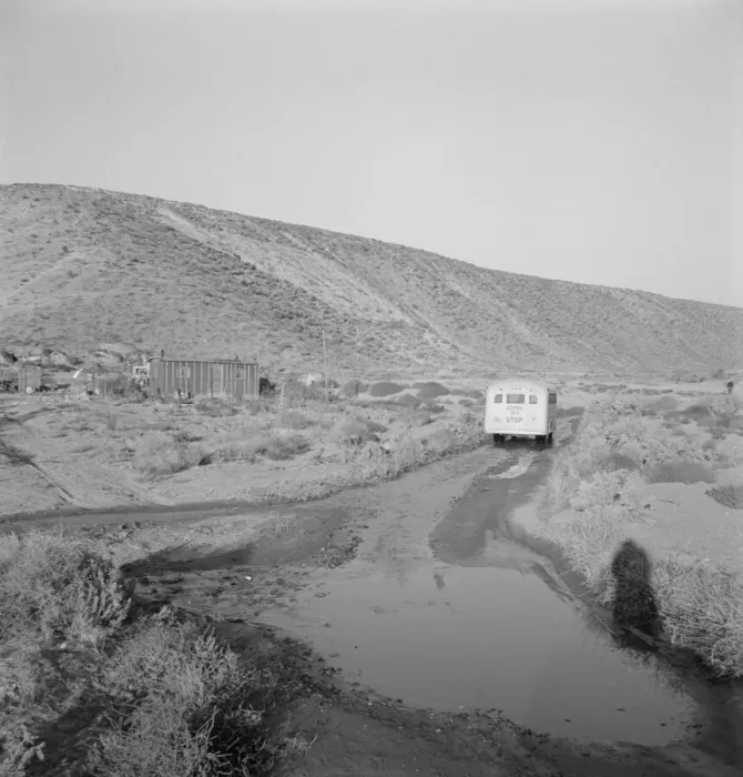 Framed Print : School bus starts up the flat 7: 30 a.m. to collect... Malheur County, Oregon, 1939. Creator: Dorothea Lange Framed Print : School bus starts up the flat 7: 30 a.m. to collect... Malheur County, Oregon, 1939. Creator: Dorothea Lange