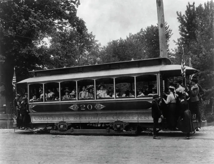 Framed Print : School children of the 6th Division on a Columbia Railway Company trolley car no. 20, (1899?). Creator: Frances Benjamin Johnston Framed Print : School children of the 6th Division on a Columbia Railway Company trolley car no. 20, (1899?). Creator: Frances Benjamin Johnston