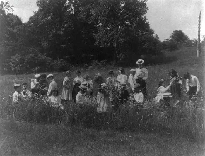 Framed Print : School children examining wild flowers on field trip - 1st Division, Washington, D.C... (1899?). Creator: Frances Benjamin Johnston Framed Print : School children examining wild flowers on field trip - 1st Division, Washington, D.C... (1899?). Creator: Frances Benjamin Johnston
