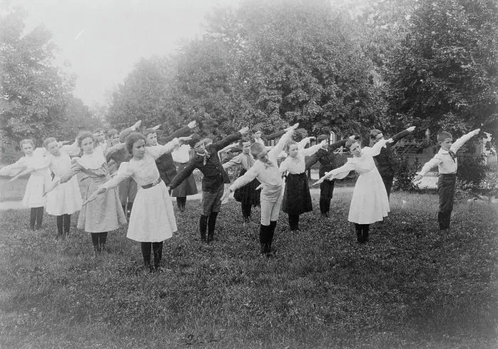 Framed Print : School children exercising on lawn, Washington, D.C. (1899?). Creator: Frances Benjamin Johnston Framed Print : School children exercising on lawn, Washington, D.C. (1899?). Creator: Frances Benjamin Johnston
