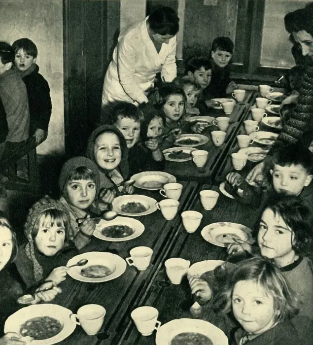 Framed Print : School Dinner for Evacuated Children, 1943. Creator: Unknown Framed Print : School Dinner for Evacuated Children, 1943. Creator: Unknown