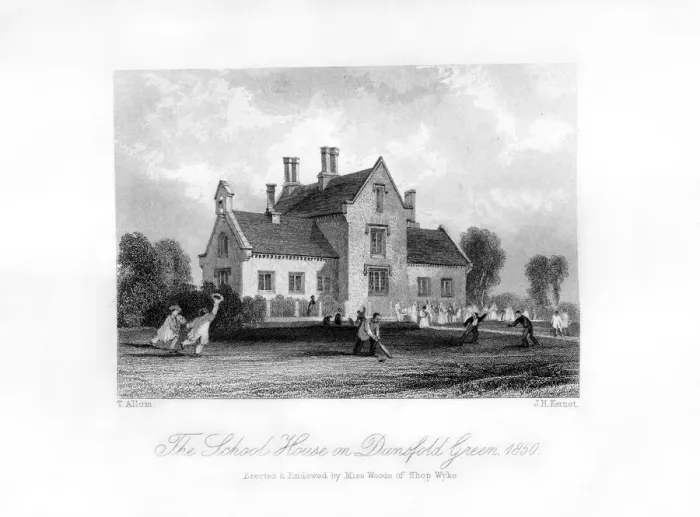 Framed Print : The School House on Dunsfold Green, Surrey, 1850. Artist: J H Kernot Framed Print : The School House on Dunsfold Green, Surrey, 1850. Artist: J H Kernot