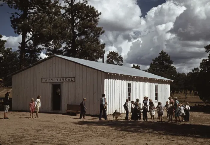 Framed Print : School at Pie Town, New Mexico is held at the Farm Bureau Building, 1940. Creator: Russell Lee Framed Print : School at Pie Town, New Mexico is held at the Farm Bureau Building, 1940. Creator: Russell Lee