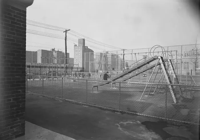 Framed Print : School playground (PS 122), Kingsbridge Rd. and Bailey Ave. Bronx, 1955. Creator: Gottscho-Schleisner, Inc Framed Print : School playground (PS 122), Kingsbridge Rd. and Bailey Ave. Bronx, 1955. Creator: Gottscho-Schleisner, Inc