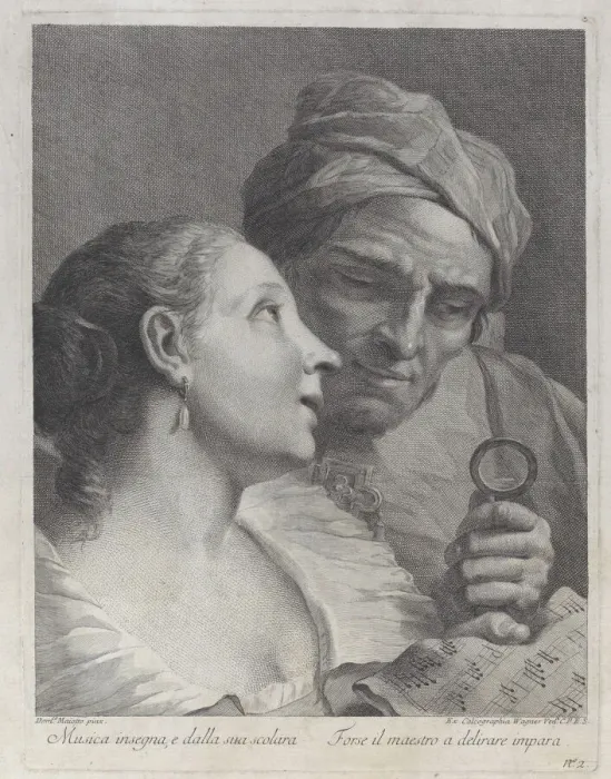 Framed Print : A schoolgirl and her music teacher looking at a sheet of music, 1725-80. Creator: Joseph Wagner Framed Print : A schoolgirl and her music teacher looking at a sheet of music, 1725-80. Creator: Joseph Wagner
