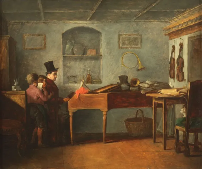 Framed Print : The schoolmaster with the boys singing flat at the piano, 1840 Framed Print : The schoolmaster with the boys singing flat at the piano, 1840