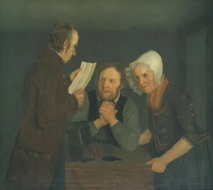 Framed Print : A Schoolmaster Reading Aloud a Letter to an Old Couple from Their Son Abroad, 1835. Creator: Moritz Unna Framed Print : A Schoolmaster Reading Aloud a Letter to an Old Couple from Their Son Abroad, 1835. Creator: Moritz Unna