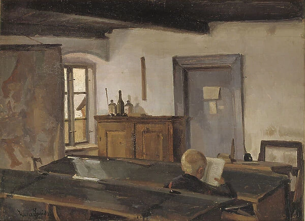A schoolroom with a reading boy, 1854-1917. Creator: Hans Smidth