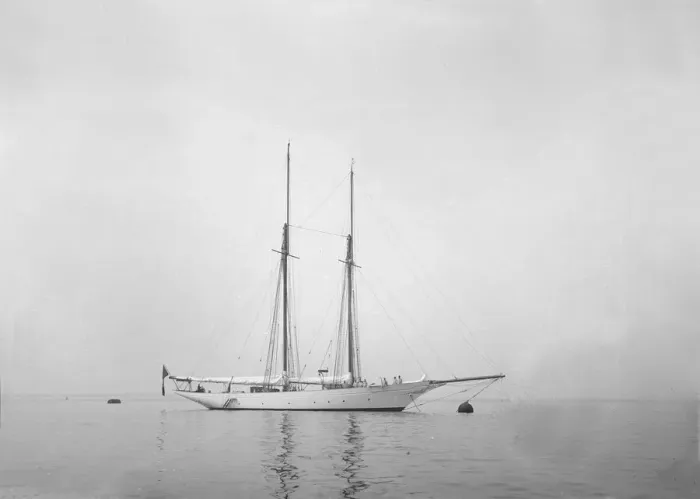 Framed Print : Schooner at anchor. Creator: Kirk & Sons of Cowes Framed Print : Schooner at anchor. Creator: Kirk & Sons of Cowes