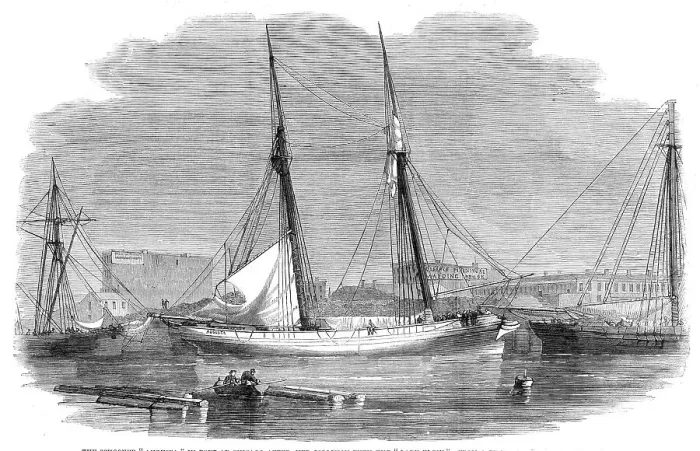 Framed Print : The schooner Augusta in port at Chicago after her collision with the Lady Elgin'... 1860. Creator: Unknown. The schooner Augusta in port at Chicago after her collision with the Lady Elgin'... 1860. Creator: Unknown Framed Print : The schooner Augusta in port at Chicago after her collision with the Lady Elgin'... 1860. Creator: Unknown. The schooner Augusta in port at Chicago after her collision with the Lady Elgin'... 1860. Creator: Unknown