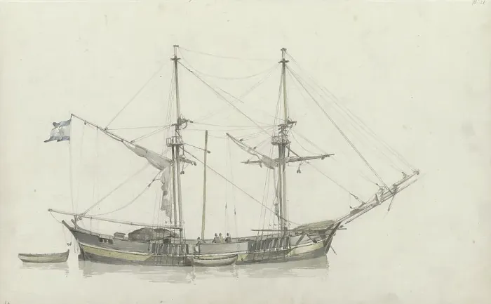 Framed Print : Schooner with four crew members, 1797-1838. Creator: Johannes Christiaan Schotel Framed Print : Schooner with four crew members, 1797-1838. Creator: Johannes Christiaan Schotel
