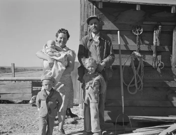 Framed Print : The Schroeder family on their new farm, Dead Ox Flat, Malheur County, Oregon, 1939. Creator: Dorothea Lange Framed Print : The Schroeder family on their new farm, Dead Ox Flat, Malheur County, Oregon, 1939. Creator: Dorothea Lange