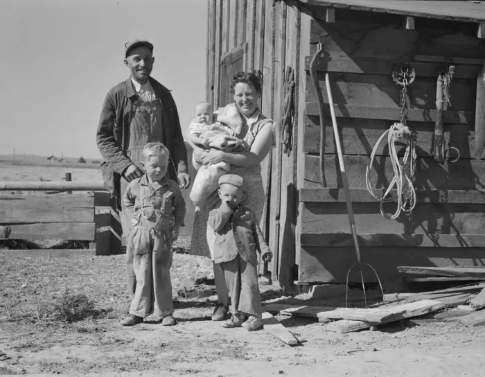 Framed Print : The Schroeder family on their new farm, Dead Ox Flat, Malheur County, Oregon, 1939. Creator: Dorothea Lange Framed Print : The Schroeder family on their new farm, Dead Ox Flat, Malheur County, Oregon, 1939. Creator: Dorothea Lange