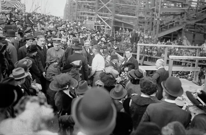 Framed Print : Schwab greets ship workers, 1918. Creator: Bain News Service Framed Print : Schwab greets ship workers, 1918. Creator: Bain News Service
