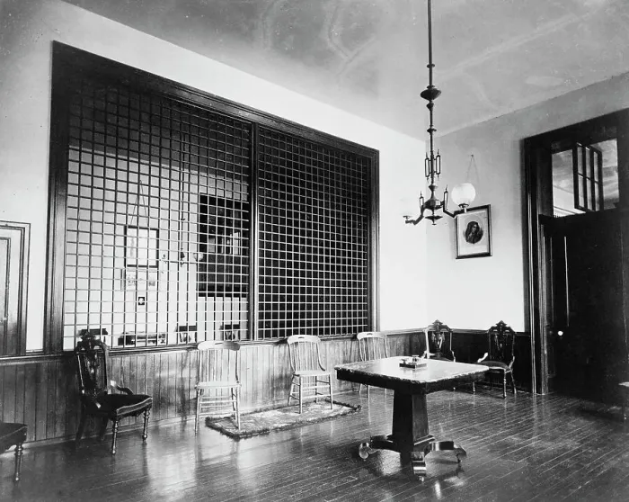 Framed Print : Scientific(?) instrument on table in room at Georgetown Visitation...Washington DC c1890 - 1910. Creator: Frances Benjamin Johnston Framed Print : Scientific(?) instrument on table in room at Georgetown Visitation...Washington DC c1890 - 1910. Creator: Frances Benjamin Johnston