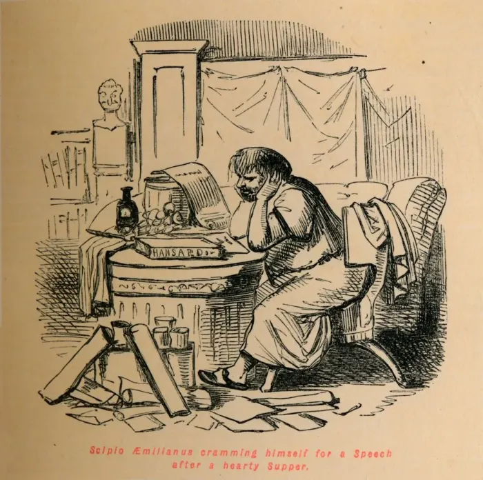 Framed Print : Scipio Aemilianus cramming himself for a Speech after a hearty Supper, 1852. Artist: John Leech Framed Print : Scipio Aemilianus cramming himself for a Speech after a hearty Supper, 1852. Artist: John Leech