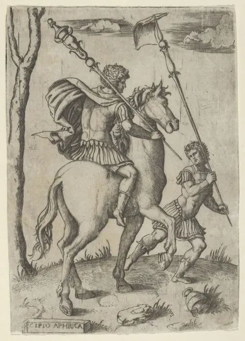 Framed Print : Scipio Africanus on horseback preceeded by a foot soldier holding a standard, ca... ca. 1500-1534. Creator: Marcantonio Raimondi Framed Print : Scipio Africanus on horseback preceeded by a foot soldier holding a standard, ca... ca. 1500-1534. Creator: Marcantonio Raimondi