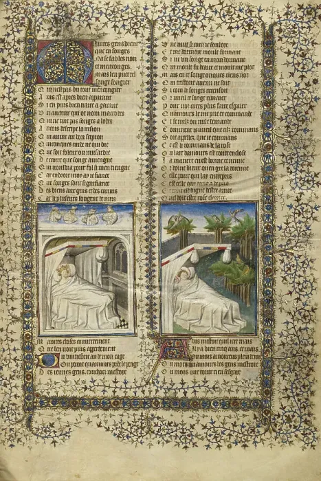 Framed Print : Scipio Lying in Bed Dreaming; Guillaume de Lorris Lying in Bed Dreaming, about 1405. Creators: Unknown, Guillaume de Lorris Framed Print : Scipio Lying in Bed Dreaming; Guillaume de Lorris Lying in Bed Dreaming, about 1405. Creators: Unknown, Guillaume de Lorris